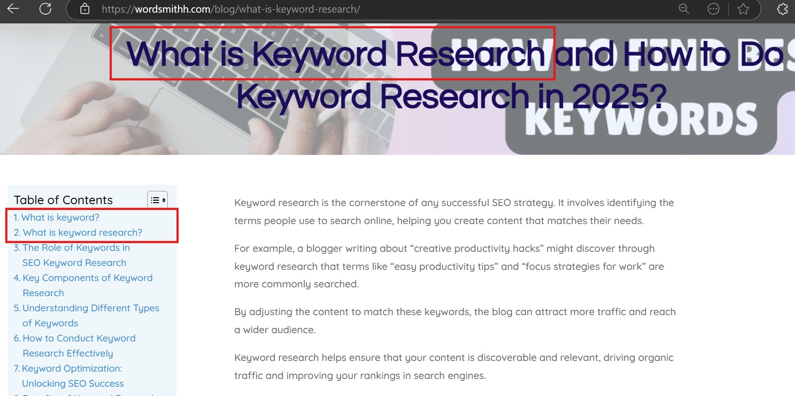 contentqualityandrelevanceofablog Home Use of Keyword in the Title Tag