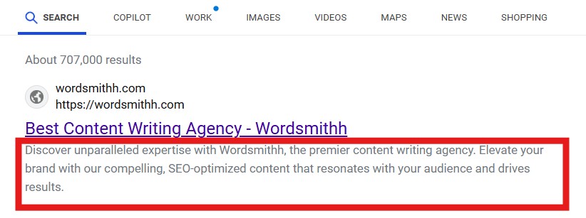 metadescriptionofwordsmithh Home Example of Meta Description on Google
