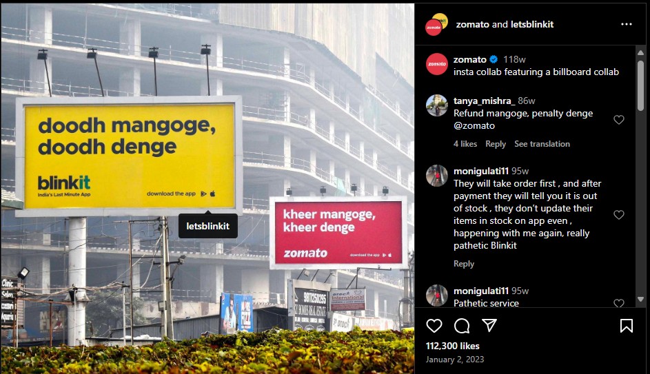 Blinkit x Zomato Billboard Campaign Home Blinkit X Zomato Billboard Campaign Promoting Fast Delivery Services