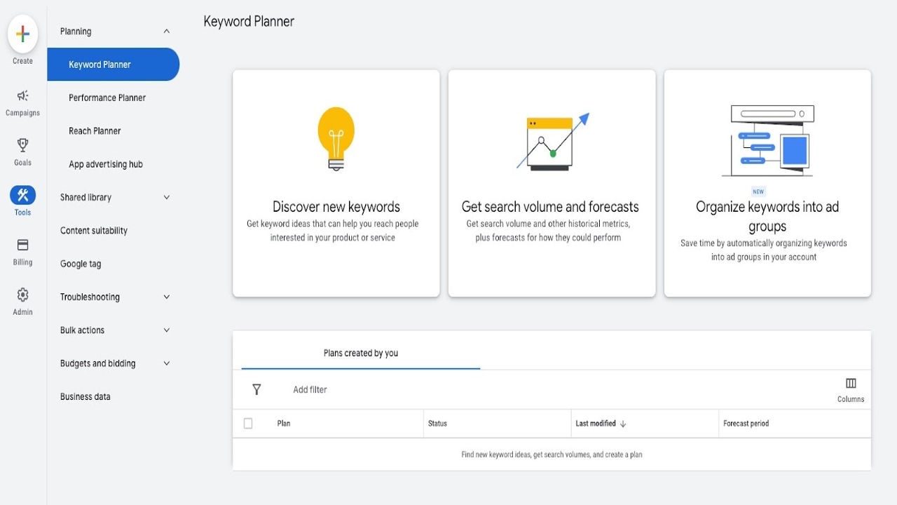 Home page of Google keyword planner 