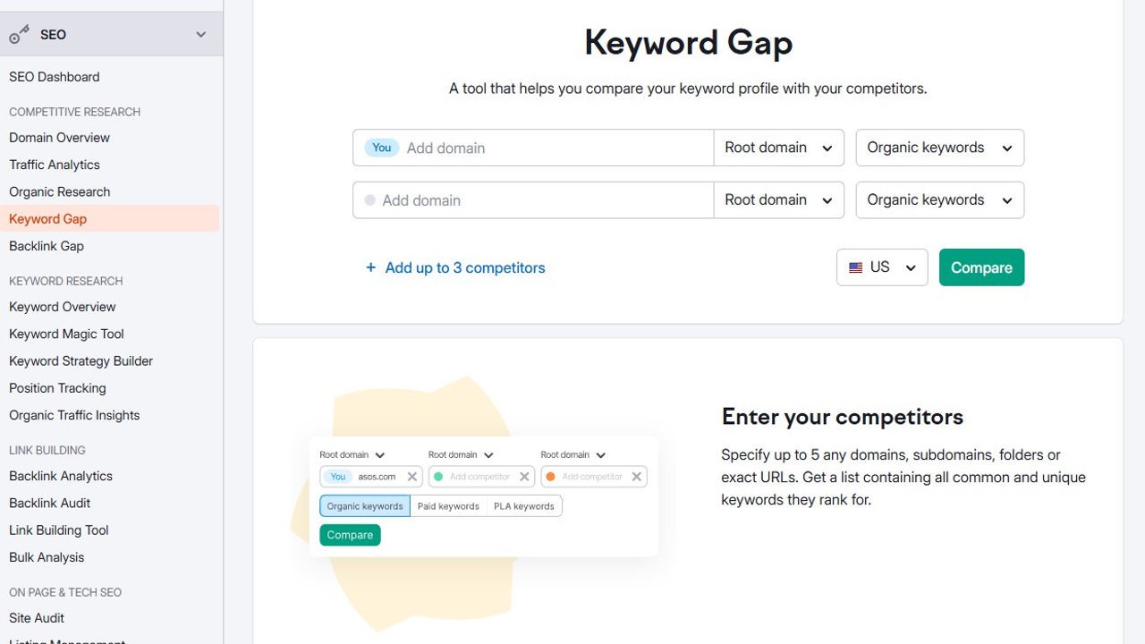 Keyword gap analysis page