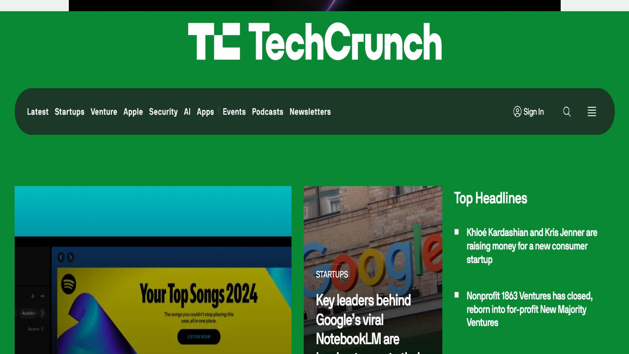 Homepage of Techcrunch blog