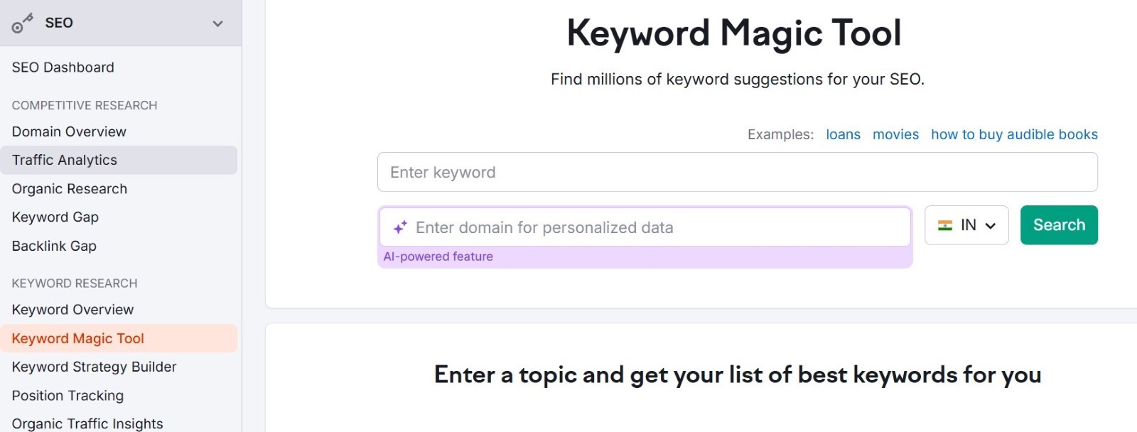 SEMrush keyword research page