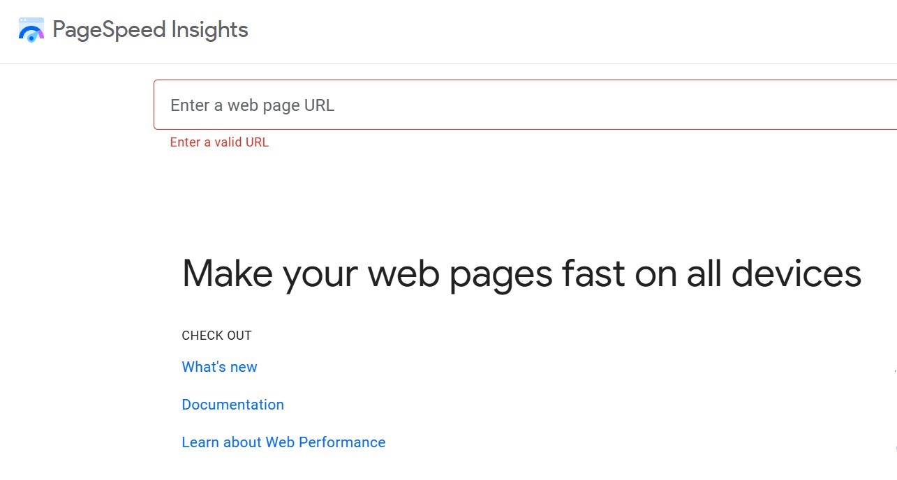 Page speed insights home page