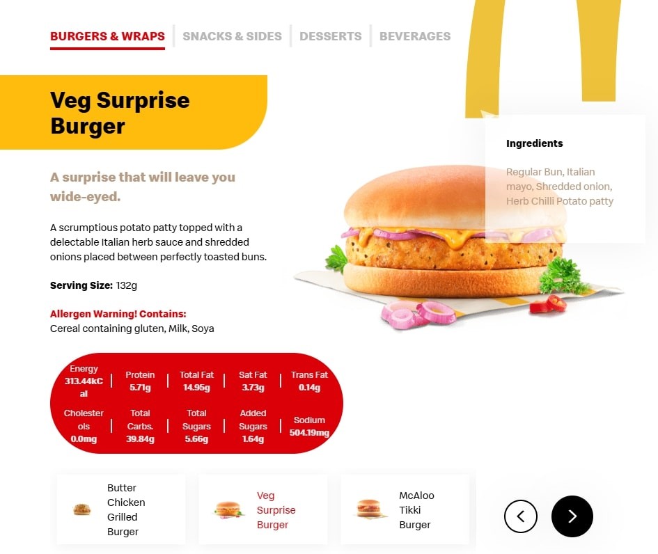 Indian vegetarian menu of McDonalds