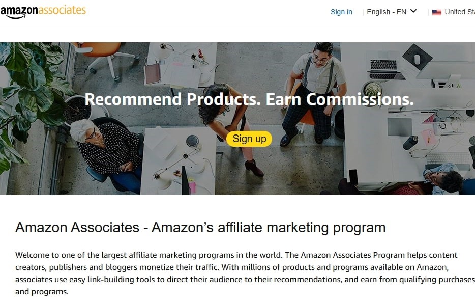 Home page of amazon associates