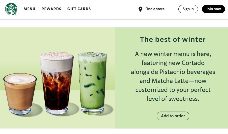 Home page of Starbucks