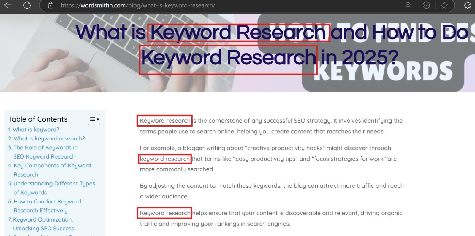 Keyword placement in a blog 