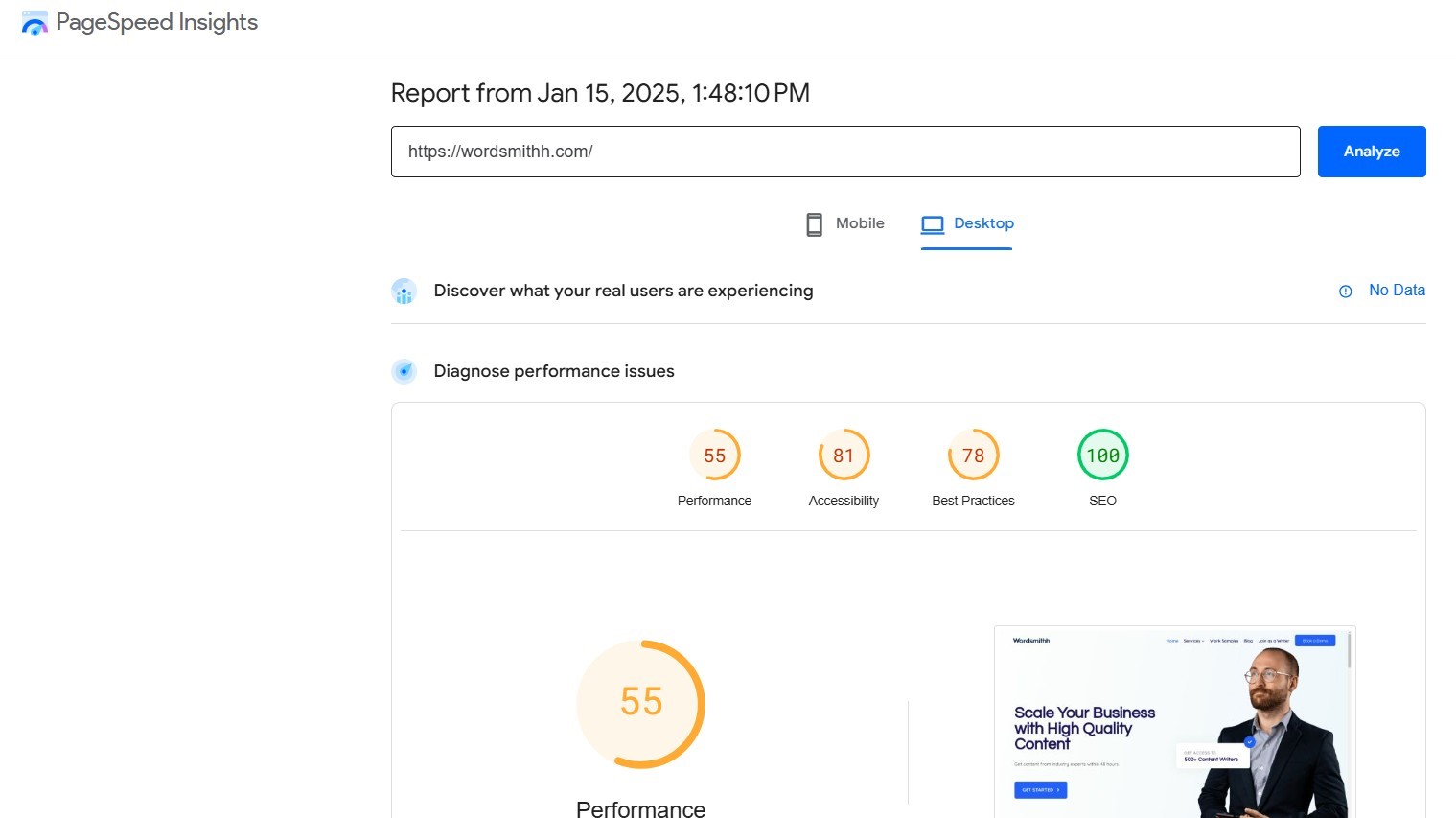 Page speed insights of wordsmithh