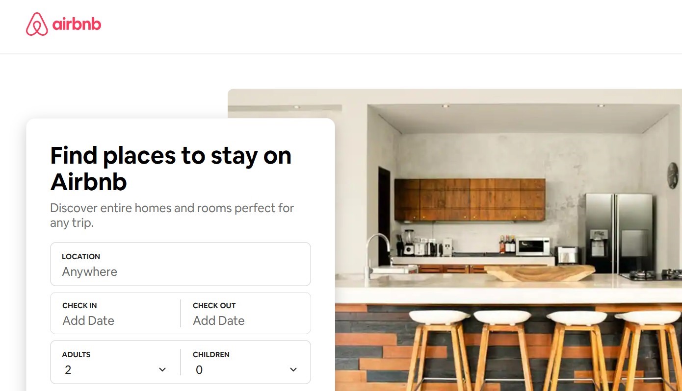 Home page of Airbnb