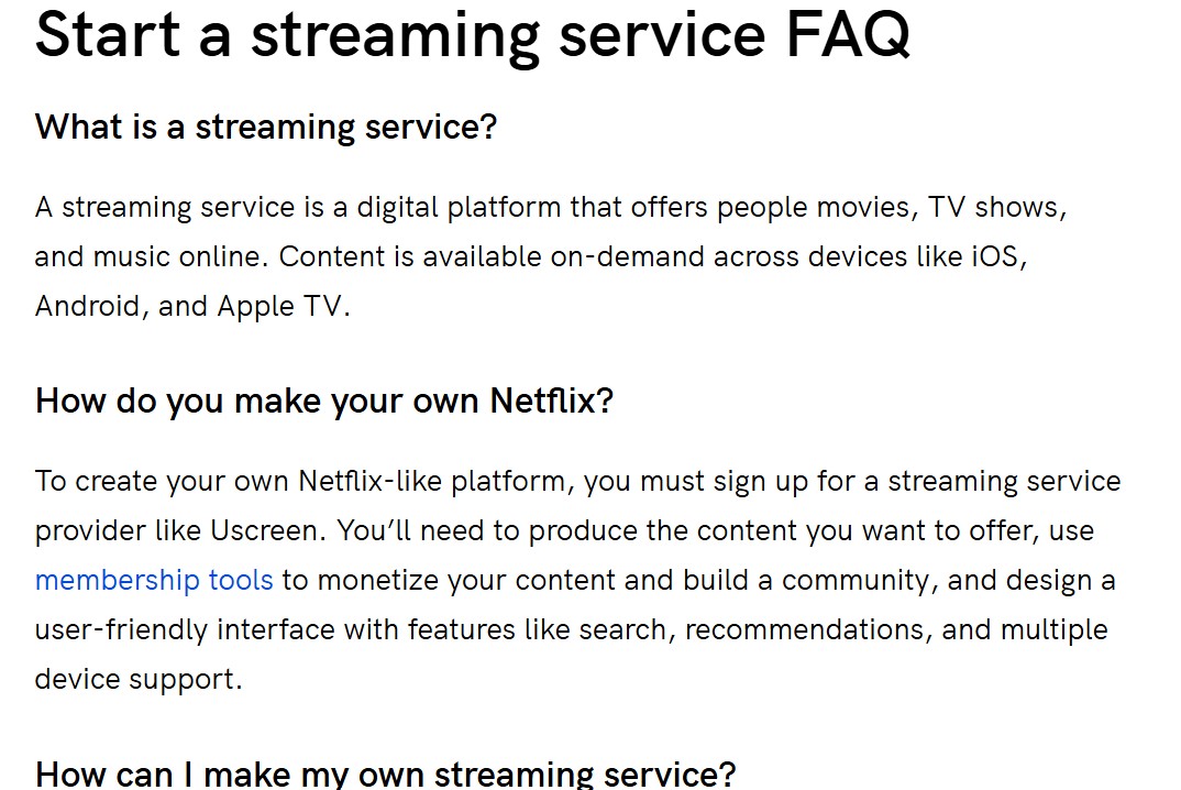 Uscreen FAQ section from a blog