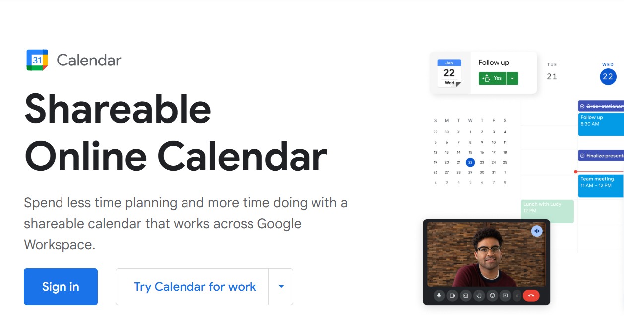 Home page of Google calendar