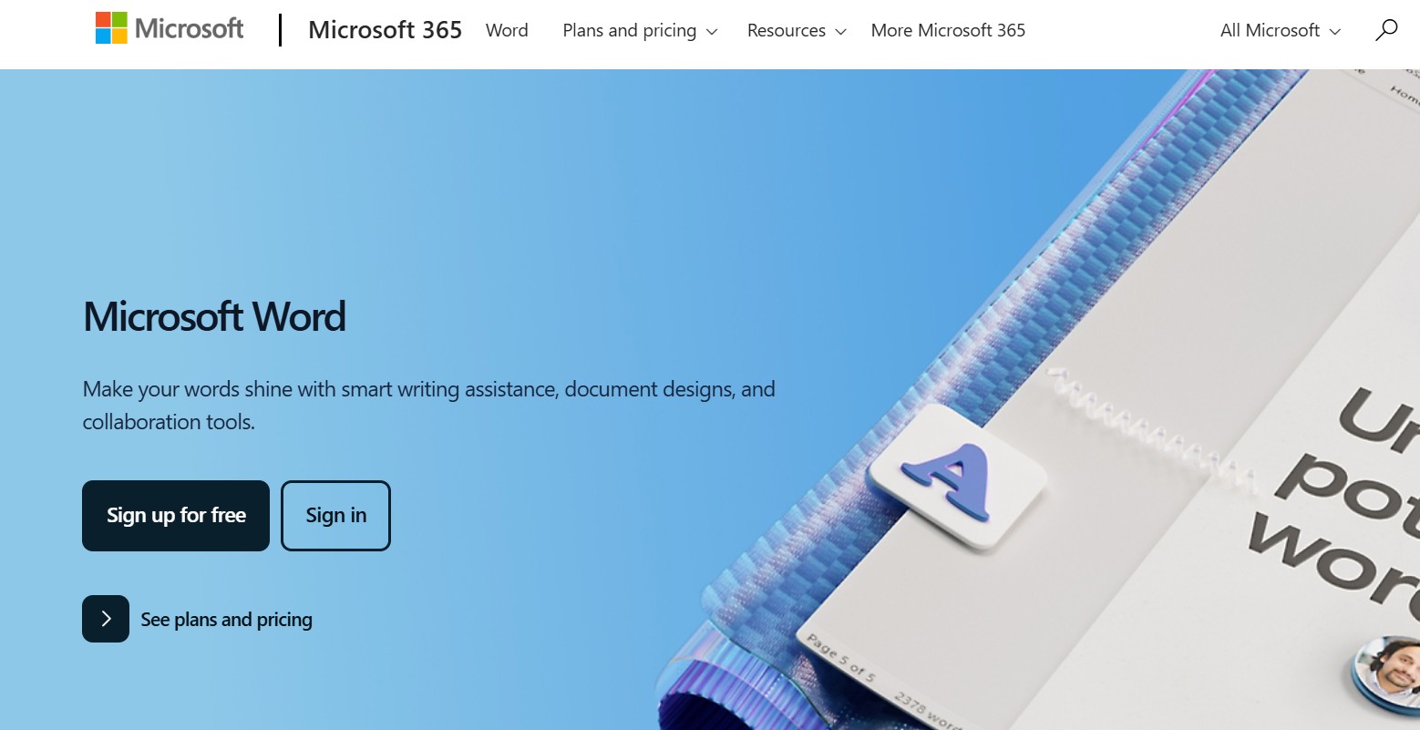 Home page of Microsoft word