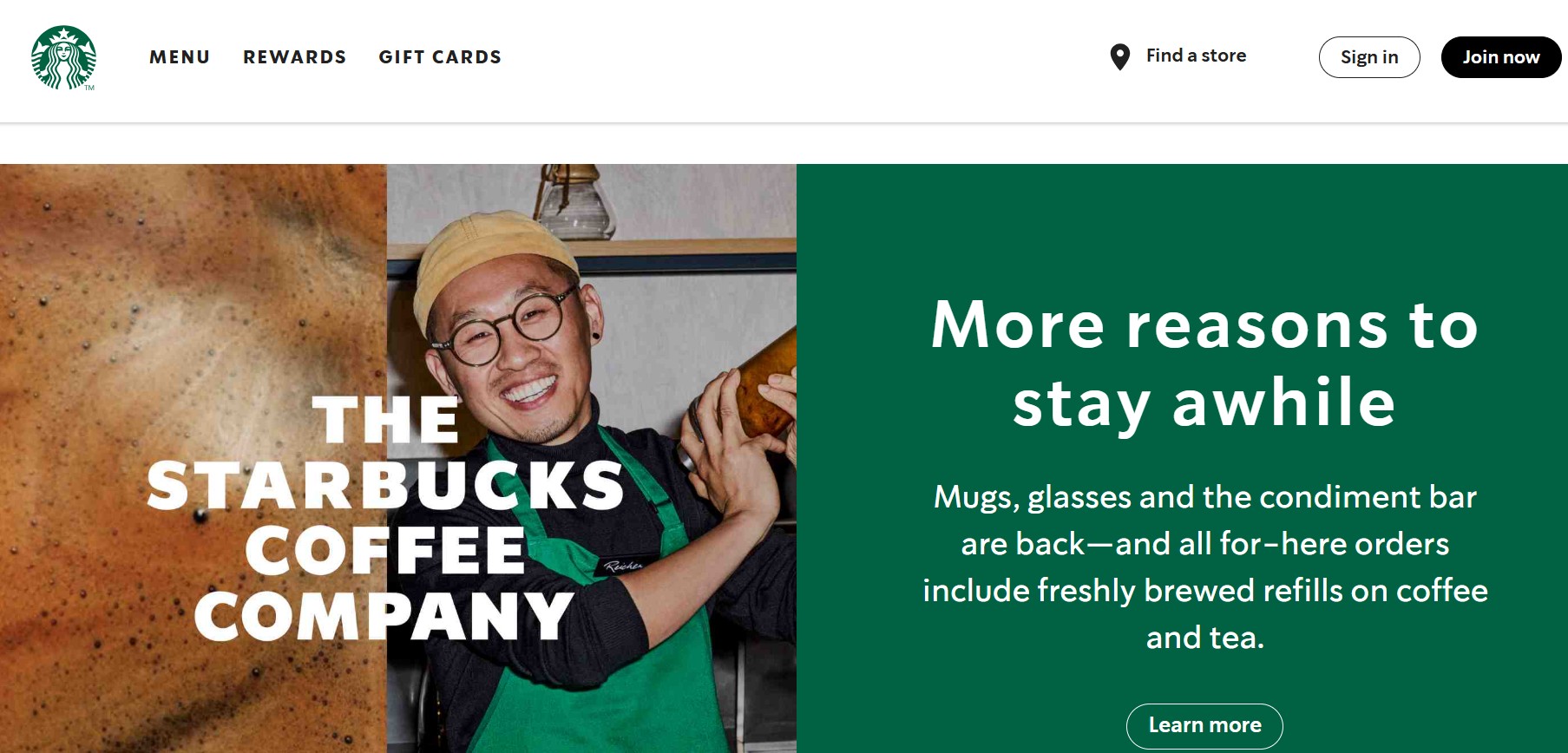 Home page of Starbucks